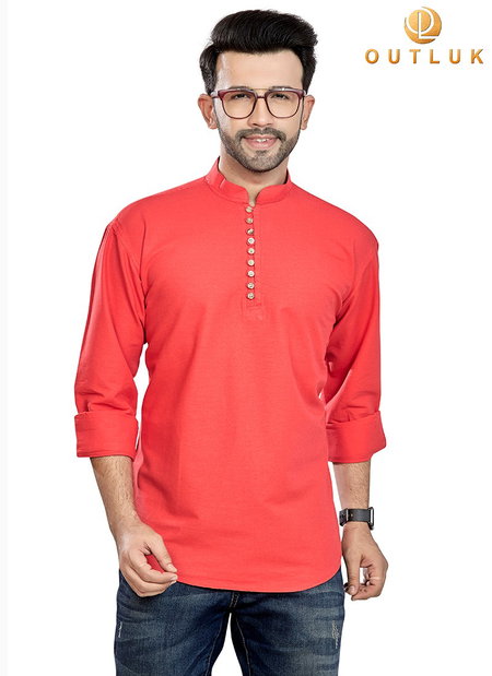 Light Red Colour Outluk 56 Function Wear Heavy Pure Cotton Short Kurta Collection 56002